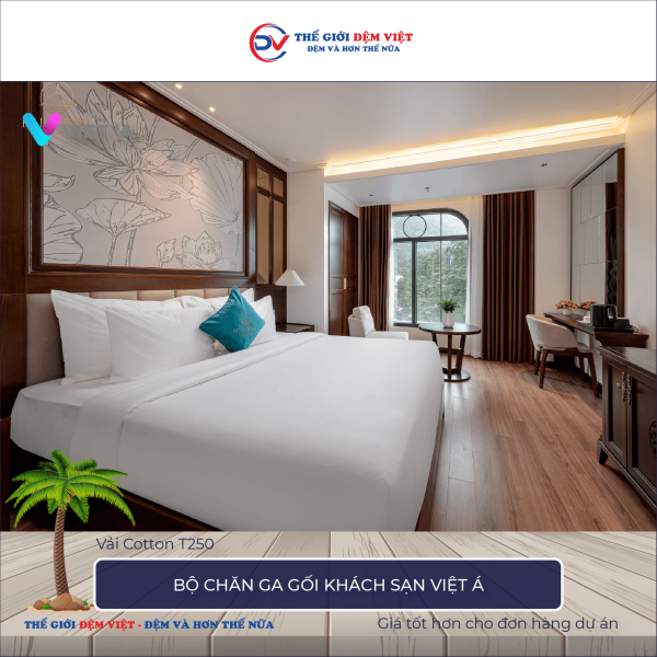 Bộ chăn ga gối khách sạn Việt Á vải Cotton T250 trắng trơn 5